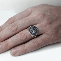 "SKU: 10831 The early Knights Templar seal inscribed SIGILLUM MILITUM XPISTI meaning \"sign of the army of Christ\". Features: Brand new sterling ring silver 925. Not plated, 100% solid silver metal! Approx weight of the product depends on the size 14.8 g.; Processing - blackening by oxidation; Availability of proprietary tag manufacturer - Yes; Country of origin - Ukraine; www.indigo.jewelry" Stamped Sterling Silver Signet Ring, Symbolic Sterling Silver Stamped Signet Ring, Symbolic Stamped Sterling Silver Signet Ring, Symbolic Stamped Signet Ring In Sterling Silver, Oxidized Sterling Silver Signet Ring, Symbolic Sterling Silver Stamped Rings, Symbolic Round Sterling Silver Engraved Ring, Silver Signet Ring With Hallmarks, Sterling Silver Signet Ring With Oxidized Finish