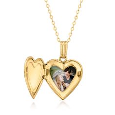 Ross-Simons - Plain - 10kt Yellow Gold Heart Locket Necklace. 18". Canaria fine jewelry. Perfect for everyday wear, these genuine 10kt gold wardrobe essentials are fashionable, fun and designed to last a lifetime. Strong and durable, our collection of gold classics is always a great value. This 10kt yellow gold heart locket necklace is a charming choice to elevate your personal style. Fits approx. 1/4" x 5/16" photo inside. Suspends from a cable chain from Italy. Springring clasp, 10kt yellow go Yellow Gold Locket Necklace For Valentine's Day, Valentine's Day Double Heart Locket Necklace In Yellow Gold, Valentine's Day Yellow Gold Double Heart Locket Necklace, Valentine's Day Double Heart Yellow Gold Locket Necklace, Valentine's Day Yellow Gold Locket Necklace For Anniversary, Valentine's Day Yellow Gold Locket Necklace, Lockets Gold, Gold Heart Locket Necklace, Gold Wardrobe