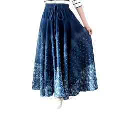 Welcome to the 2023 Spring-Summer Collection and our stunning Loose-spirited Dark Elongated Denim Skirt. With its loose-spirited-mode embroidery. long length and tall-waist. it's the perfect blend of traditional vogue with contemporary style. With its drawstring closure. it's easy to adjust and get the perfect shape.Why You'll Fall In Love Bold Embroidery: Intricate embroidery adorns the skirt. creating a unique and captivating look. Long Length: Its long length is perfect for any occasion. allo Flare Denim Skirt, Street Style Skirt, Street Style Jeans, Y2k Denim Skirt, Bohemian Embroidery, Denim Skirts Online, Flared Denim Skirt, Maxi Denim Skirt, Embroidery Denim