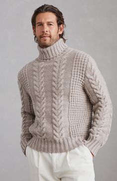 Refined cashmere Feather yarn is soft and lightweight. It features a tubular structure that increases volume and enhances the plush effect of the natural fibers. High turned-down collar Regular shoulder Cable knit Italian Grandpa Style, Brunello Cucinelli Knitwear, Man Turtleneck, Mens Turtleneck Sweater, Winter Fashion Men, Wardrobe Men, Feather Yarn, Turtle Neck Men, Cable Knit Turtleneck