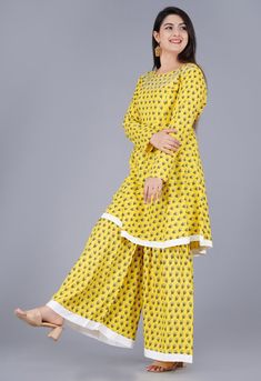 Yellow Color Anarkali Kurta Palazzo With Dupatta Set Women Salwar Kameez Kurti's Designer Yellow Palazzo Set With Printed Motifs, Yellow Anarkali Palazzo Set With Straight Kurta, Designer Yellow Kurta With Printed Motifs, Designer Wear Yellow Kurta With Printed Motifs, Fitted Yellow Palazzo Set With Printed Motifs, Ankle-length Printed Motifs Salwar Kameez, Eid Anarkali Long Sleeve Palazzo Set, Ankle-length Palazzo Set With Resham Embroidery For Eid, Yellow Anarkali Palazzo Set For Spring