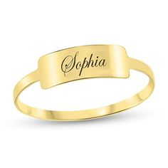 With personalized flair, this bar ring is a great addition to her jewelry box. Crafted in warm 10K gold, this stylish choice features a center bar adorned with a name or message - up to 10 characters in length - inscribed in an attractive script font. Buffed to a brilliant luster, this ring is a unique look just for her. Classic 14k Gold Custom Name Bracelet, Classic Nameplate Bracelet With Custom Name, Classic Yellow Gold Custom Name Bracelet, Personalized Yellow Gold Rectangular Name Bracelet, Personalized Rectangular Yellow Gold Name Bracelet, Classic Custom Name Bracelet, 14k Gold Name Bracelet With Engraving For Anniversary, 14k Gold Nameplate Bracelet For Anniversary, Classic 14k Gold Personalized Stackable Rings