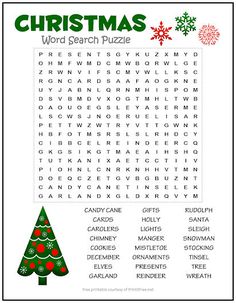 a christmas word search with a tree and snowflakes