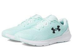 Under Armour Surge 3 - Women's Shoes : Fuse Teal/White/Black : Look sporty and stylish wearing the Under Armour Surge 3 Shoes. Textile and synthetic upper. Textile lining and insole. Lightweight and breathable. Round toe silhouette. Lace-up closure. Synthetic outsole. Imported. Double button pull through stud closure. Weight of footwear is based on a single item, not a pair. Under Armour Synthetic Athleisure Running Shoes, Under Armour Athleisure Synthetic Running Shoes, Sporty Green Slip-resistant Walking Shoes, Under Armour Synthetic Athletic Fit Running Shoes, Under Armour Running Shoes With Athletic Fit, Under Armour Synthetic Running Shoes, Under Armour Low-top Synthetic Running Shoes, Under Armour Running Sneakers With Synthetic Material, Sports Mesh Running Shoes With Studded Outsoles