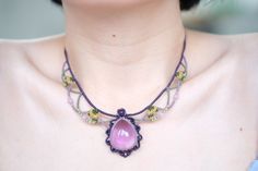 This macrame choker is made of high-quality waxed cord，natural amethyst . The stones and the cords are hypoallergenic and skin friendly. The necklace is light and strong. As time passes the coulours does not fade away. I make this beautifulchoker necklace knot by knot with macrame technique. This handmade woven necklace is simple elegant. It is an great idea for soul sister gift, it could be a daughter gift from mom, 21st birthday gift for her...If you are looking for an unique gift for someone Spiritual Purple Macrame Jewelry, Purple Macramé Bohemian Jewelry, Bohemian Purple Macrame Jewelry, Purple Bohemian Macrame Jewelry, Handmade Amethyst Festival Jewelry, Bohemian Purple Jewelry With Adjustable Cord, Adjustable Amethyst Pendant Crystal Necklace, Adjustable Bohemian Lavender Crystal Necklace, Purple Adjustable Handmade Choker