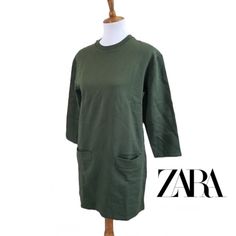 New W Tags Women Small Zara Military Green Pullover Slip On Sweatshirt Mini Dress W Pockets 18.5" Underarm To Underarm 32.5" Length 100 % Cotton Machine Washable Casual Crew Neck Sweater Dress For Loungewear, Green Crew Neck Dress For Fall, Oversized Crew Neck Sweatshirt Dress For Spring, Relaxed Fit Crew Neck Sweatshirt Dress, Oversized Casual Crew Neck Dress, Casual Crew Neck Sweatshirt Dress For Loungewear, Casual Zara Sweater Dress For Fall, Spring Crew Neck Sweatshirt Dress, Winter Crew Neck Cotton Dress