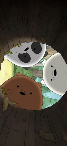 two panda bears are peeking out from behind a hole in the ground with water and trees