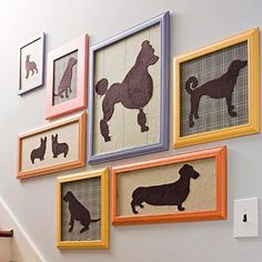 several framed pictures hang on the wall above a stair case with dogs and poodles