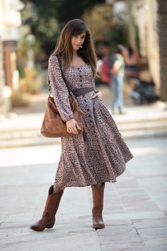 "Brown Small Floral Print Flared Mid Calf Dress, Bohemian Puffed Long Sleeves Urban Dress, Tea Length High Waist \"Camilla\" Dress This gorgeous floral dress is featuring a high waistline, Pockets, puffed long sleeves, buttons all the way in the front, and an elastic band on the bust, for maximum flexibility, comfort, and perfect fitting to any body type. It is very flattering and lightweight, it offers a unique look, accentuating the waistline. it has an urban boho-chic look. Materials: Soft Ra Brown Bohemian Dress With Square Neck, Brown Bohemian Square Neck Dress, Brown Peasant Style Dress, Peasant Style Midi Dress For Fall, Fall Bohemian Peasant Dress, Fitted Bohemian Prairie Dress, Midi Length, Peasant Style Brown Dresses For Fall, Brown Peasant Dress For Fall, Fall Floral Print Peasant Dress