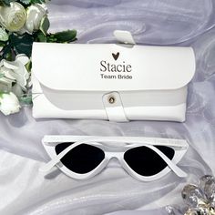 white sunglasses with matching case for the bride