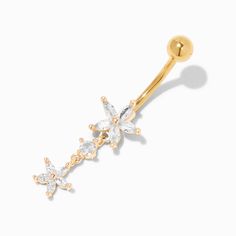 Claire's Gold-tone Stainless Steel Cubic Zirconia Flower Dangle 14G Belly Bar Gold Dangle Belly Ring, Gold Belly Button Piercing Dangle, Belly Button Piercing Jewelry Gold, Dangling Belly Button Rings, Belly Button Piercing Dangle, Belly Piercing Gold, 16th Wishlist, Belly Button Piercing Gold, Naval Piercings