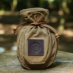 a brown bag sitting on top of a tree stump