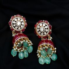 Antique Style Created Ruby Polki Diamond Traditional Indian Jhumka Earrings - Rosec Jewels Traditional Jhumka, Indian Jhumka, Traditional Indian Jewellery, Ruby Earrings, Jhumka Earrings, Diamond Design, Traditional Indian, Pearl Drop, Antique Style