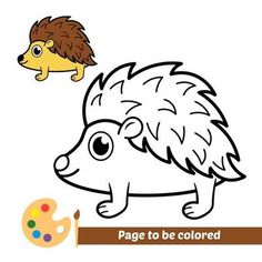 a hedgehog is looking at a paintbrush with the word page to be colored