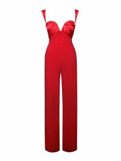 Meet our new favorite jumpsuit! Onika is cut from a blend of stretch crepe and satin and fully lined. This design features a form-fitting straight leg jumpsuit with a deep V wire at the cups for support, pockets, and a concealed zipper at the center back. Onika is perfect for any formal or semi-formal event! Style with your favorite pair of heels and a high pony and get ready to hit the town - find it in ruby red or classic black. Materials: Stretch Crepe / Double Duchess Light Weave Satin Lengt Fitted Elastane Pantsuit For Party, Elegant V-neck Elastane Jumpsuits And Rompers, Chic Elastane Pantsuit For Party, Elegant Satin Jumpsuit Or Romper In Solid Color, Chic V-neck Jumpsuits And Rompers For Gala, Solid Satin Jumpsuits And Rompers For Night Out, Elegant Strapless Elastane Jumpsuit For Party, Elegant Evening Elastane Pantsuit, Elegant Strapless V-neck Jumpsuit For Party