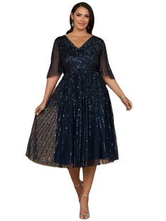 Beaded v-neckline midi dress. This dress features a long flowing A-line silhouette giving an elegant sequined Midi look. It is a great dress for a fun and easy night out, or a wedding guest! It's great for someone looking for a modest and fun look Back zipper Beaded tulle on stretch jersey lining Professionally clean Imported Short sleeves Midi dress Fits true to size, we recommend ordering your normal size. Fitted body with flowing skirt Glamorous Embellished V-neck Midi Dress, Midi Length Gala Dress With Contrast Sequin, Midi Length Dress With Contrast Sequin For Gala, Sequin Prom Midi Dress, Contrast Sequin Midi Dress For Gala, Sequin A-line Evening Dress, Prom Dress With Contrast Sequin In Midi Length, Elegant A-line Midi Dress With Sequins, Evening Sequin Midi Dress