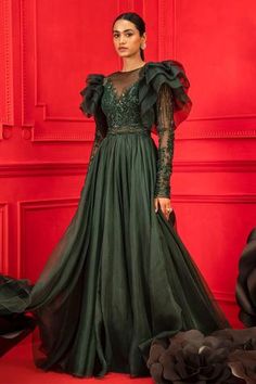 Shop for Mahima Mahajan Green Net Embroidered Ruffle Gown for Women Online at Aza Fashions Dark Green Indian Outfit, Green Indian Outfit, Dark Green Gown, Mahima Mahajan, Harry Potter The Marauders, Fashion Model Drawing, Long Blouse Designs, Iceland Elopement, Sangeet Outfit