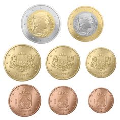 six different british coins are shown on a white background