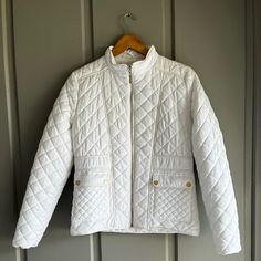 Beautiful Condition No Callouts White Quilted Jacket For Spring, White Fitted Quilted Jacket For Fall, Fitted White Quilted Jacket With Long Sleeves, White Quilted Winter Jacket For Cold Weather, White Quilted Jacket For Winter Cold Weather, Casual Quilted Winter White Outerwear, Winter White Quilted Jacket For Cold Weather, Casual Quilted Outerwear In Winter White, White Winter Outerwear For Work