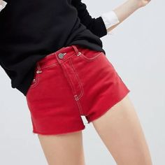 Asos Red Demin Contrast Stitch Shorts. Size S. Jean Shorts. Offers Welcome Red Shorts Aesthetic, Red Cotton Bottoms With Built-in Shorts, Trendy Stretch Red Bottoms, Red Cotton Shorts For Day Out, Red Stretch Casual Bottoms, Trendy Red High Waist Jean Shorts, Red Cotton Cutoff Shorts, Trendy Red Cotton Shorts, Casual Red High-waist Bottoms