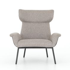 an upholstered chair with black legs and a light gray fabric seat, viewed from the front