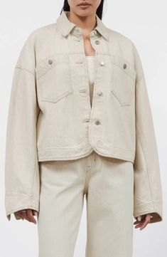 & Other Stories Cotton & Linen Trucker Jacket | Nordstrom Jeans Mom, Cropped Denim Jacket, Collars For Women, Trucker Jacket, Cropped Denim, Green Jacket, Crop Jacket, Casual Jacket, Jacket Style