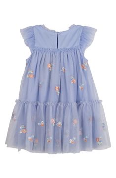 Frilly ruffles and embroidered flowers lend delightful detail to a darling dress that'll have your sweetie ready for the next get-together. Back keyhole with button-and-loop closure Lined 100% polyester Machine wash, line dry Imported Spring Ruffle Dress For Playdate, Blue Floral Applique Dress For Dress-up, Spring Floral Embroidered Dress For Dress-up, Light Blue Floral Applique Summer Dress, Spring Dresses With Floral Embroidery For Dress-up, Floral Embroidered Dress For Spring Dress-up, Spring Dresses With Ruffles For Playdate, Blue Floral Embellished Summer Dresses, Spring Embroidered Dress For Dress-up