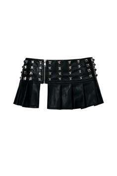 Fits true to size Micro skirt length Features silver oversized studs A staple layering piece Luxury Glamorous Fitted Mini Skirt, Lame Mini Skirt, Glamorous Luxury Mini Skirt, Two Belts Outfit, Studs Clothes, Black Y2k Skirt, Layered Belts, Goth Skirts, Cool Skirt