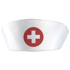 a white visor with a red cross in the center on it's side