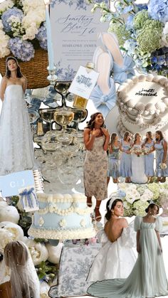 a collage of wedding pictures with bride and grooms in blue, white and silver