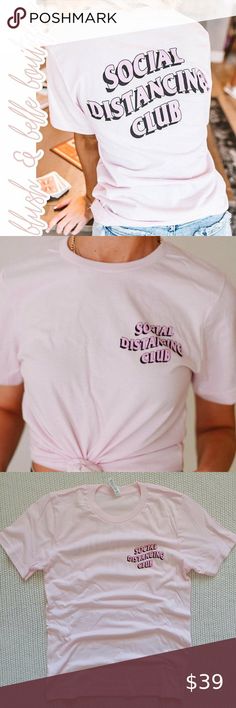 Social Distancing Club 100% Cotton Tee This t-shirt is super soft and super cute! Perfect for lounging around or wearing out!  · Unisex Sizing · Classic Fit · 100% Cotton Blush & Belle Tops Tees - Short Sleeve Basic Pink Tops With Screen Print, Basic Pink Tops With Graphic Print, Fitted Pink Tops With Letter Print, Fitted Pink Tops With Logo Print, Basic Pink Top With Screen Print, Basic Pink Top With Letter Print, Pink Cotton Tops With Letter Print, Trendy Pink Tops With Funny Print, Fitted Pink Top With Funny Print