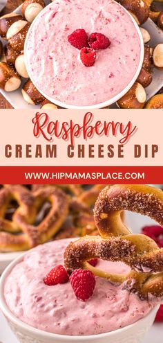 raspberry cream cheese dip in a bowl with pretzels on the side