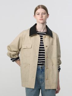 Neutral Button-up Outerwear For Work, Oversized Beige Utility Jacket With Button Closure, Classic Oversized Utility Jacket For Everyday, Neutral Outerwear With Lapel Collar For Everyday, Classic Everyday Linen Outerwear, Classic Linen Outerwear For Everyday, Everyday Neutral Outerwear With Lapel Collar, Cream Cotton Outerwear With Button Cuffs, Beige Button-up Utility Jacket For Everyday