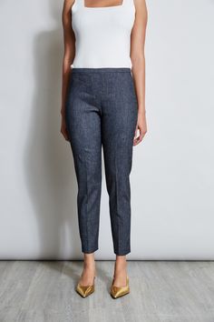 Our best-selling slim leg pant in sophisticated Italian Stretch Linen melange is perfect for dressing up with its matching jacket or pairing with Spring's new knits and shirts. Elie Tahari Exclusive Slim Fit Linen melange Pant 57% Linen, 26% Polyester, 14% Viscose, 3% Elastane Runs true to size. Model is 5'9" and wearing size S Measurements: Front Rise 10"L, Inseam 29"L (approx. length for size 6) Dry Clean Only Imported Style #: E4012204 Linen Pant, Image Consultant, Jumpsuit Jacket, Slim Leg Pants, Long Sleeve Short Dress, Elie Tahari, Knit Tees, Denim Coat, Slim Leg