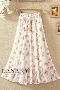 Lasaky - Elegant Chiffon A-Line Maxi Dress with Floral Print Beach Skirts, Spring Streetwear, Long Chiffon Skirt, Cruise Clothes, Summer Prints Fashion, Long Skirt Summer, White Pleated Skirt, Chiffon Maxi Skirt, Long Sleeve Evening Gowns