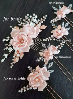 three hair combs with pink flowers and pearls on them, labeled for brides