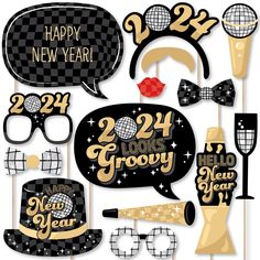 happy new year party photo booth props with black and gold numbers, hats, glasses