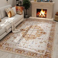 a living room with a fire place and couches