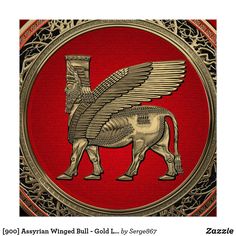 an animal with wings on it's back in a gold frame, against a red background