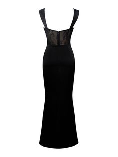 Say hello to Camila, a dreamy black satin and lace maxi slip dress designed for your special moments. This elegant piece boasts a slightly flared mermaid silhouette, with ruched satin straps that can be worn on or off the shoulder. The bodice features a flattering fit with ruched cups, and a sheer lace diamond-shaped panel at the center front. Intricate black lace trimming runs throughout the front of the bodice for an added touch of sophistication. The back showcases sheer lace panels at the ba Black Lace Bodice Slip Dress For Party, Black Slip Dress With Lace Bodice For Party, Satin Maxi Dress With Lace Trim For Party, Party Maxi Dress With Lace Trim And Satin Material, Lace Bias-cut Maxi Dress For Evening, Fitted Slip Dress With Lace Back For Evening, Fitted Lace Back Slip Dress For Evening, Black Satin Gown With Sweetheart Neckline, Elegant Black Slip Dress With Corset Back