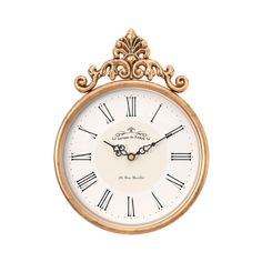 an ornate gold clock with roman numerals is shown against a white background,