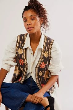 Free People; Free-est; We The Free; fall jackets; winter jackets; fall; winter; outerwear; outfit inspo; outfit; aesthetic; cozy; chic; chunky; bomber; puffer; puffer jacket; liner jacket; unique; vintage; relaxed; embroidered; embroidery; vest; embroidered vest; floral pattern; floral; Vintage Waistcoat Outfit, Patterned Vest Outfit, Embroidered Vest Outfits, Floral Vest Outfit, Vermont Outfits, Boho Vest Outfit, Floral Waistcoat, 70s Vest