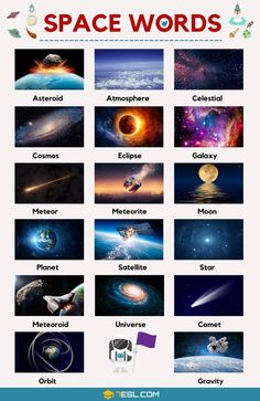 an image of space words in english and spanish with pictures of planets, stars, and other objects