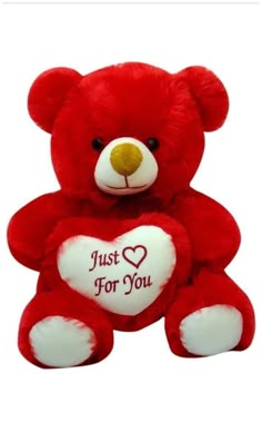 a red teddy bear holding a heart that says just for you