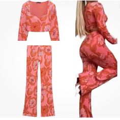 Zara Pink Orange Floral Print Jacquard Crop Top Pants 2 Piece Set Medium Pink Floral Print Loungewear Sets, Fitted Wide-leg Spring Sets, Spring Printed Pink Sets, Chic Pink Long Sleeve Sets, Feminine Pink V-neck Set, Spring High Waist Two-piece Sets, Casual Pink Pant Set For Spring, Spring High-waist Two-piece Sets, Spring Printed Fitted Sets