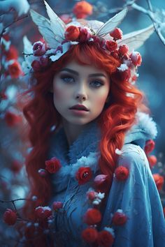 a woman with red hair wearing a flower crown