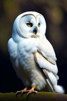 a white owl with yellow eyes sitting on top of a tree branch in front of a dark background