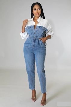 White Collared denim button down jumpsuit with elastic waist band. Aside from the waist, there is no stretch on this jumpsuit. Model is wearing a size small Denim Blue Cotton Button-up Jumpsuits And Rompers, Trendy Light Wash Button-up Jumpsuits And Rompers, Casual Medium Wash Button-up Jumpsuits And Rompers, Relaxed Fit Denim Jumpsuit With Button-up, Dark Wash Cotton Button-up Jumpsuits And Rompers, Relaxed Fit Denim Jumpsuits And Rompers With Button-up, Denim Button-up Jumpsuit For Day Out, Denim Button-up Jumpsuits And Rompers With Relaxed Fit, Denim Button-up Jumpsuit With Relaxed Fit