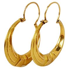 A pair of French 18 karat (18K) yellow gold hoop earrings, each designed as a Creole hoop. For pierced ears. Stamped with the eagle’s head for 18 karat gold and French manufacture with an unknown makers mark. For pierced ears. Dimensions: 2.8 x 2.1 x 0.4 cm (each) Weight: 1.73 grams (total) Creole Earrings, The Eagle, Jewelry Earrings Hoops, Gold Hoop, Pierced Ears, Gold Hoop Earrings, Makers Mark, Ear Piercings, Gold Bracelet