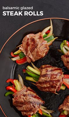 steak and vegetables cooking in a skillet on a black plate with text overlay